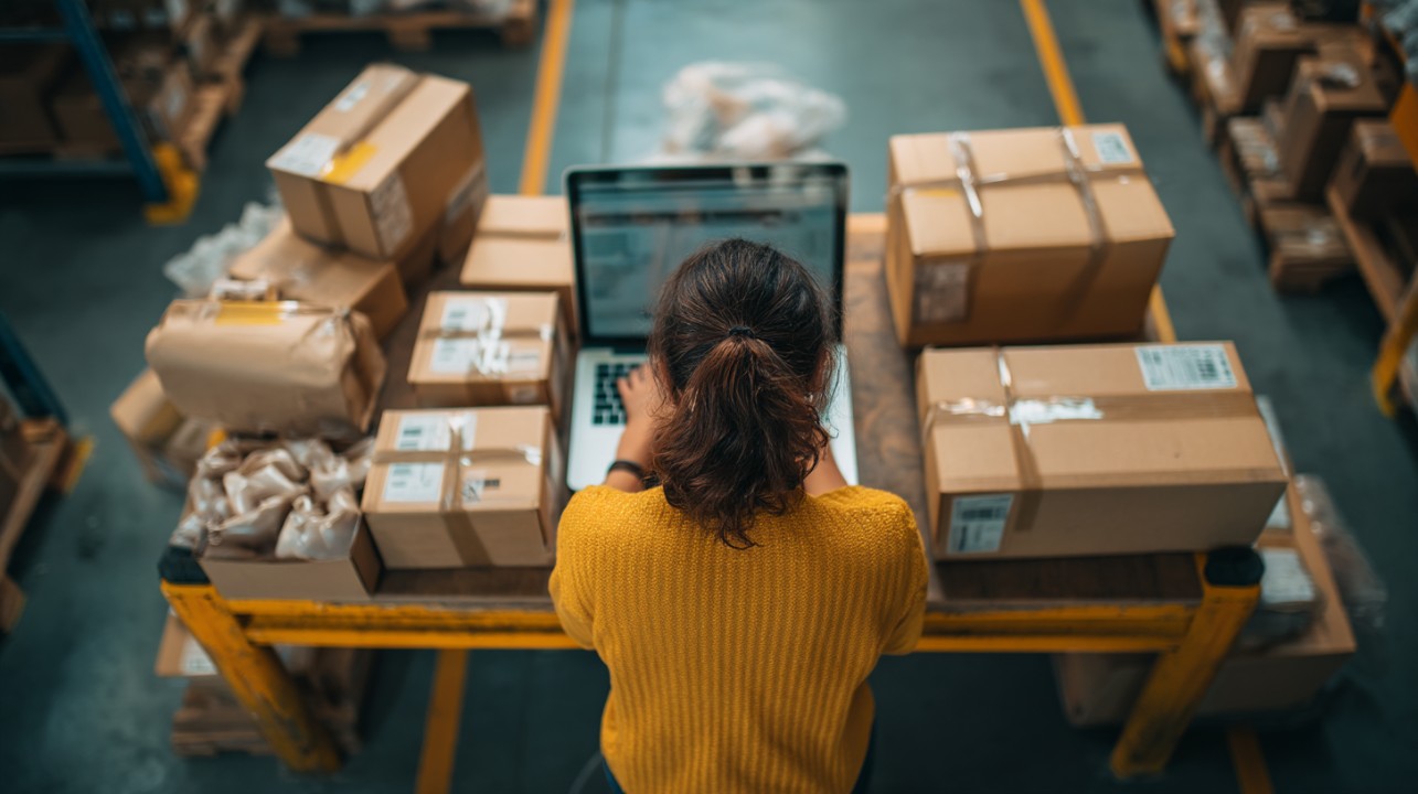 Warehouse operator processing digital order and delivery records